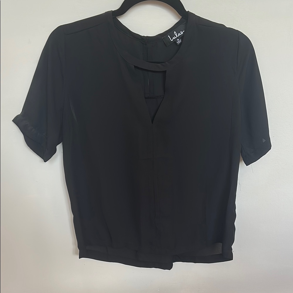 Lulu's Black Short Sleeve Top with Cut Out Mandarin Collar